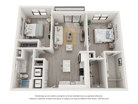 Floor plan for 2 beds, 2 baths, 1034 sqft